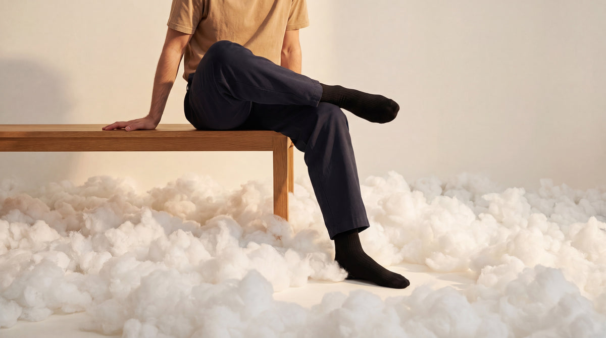 NƟRM crew socks worn with tailored trousers
