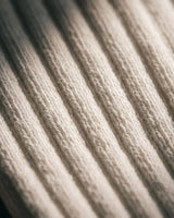 Close-up of the silver-ion knit on NƟRM Everyday Crew white, showing fibre woven into every yarn.